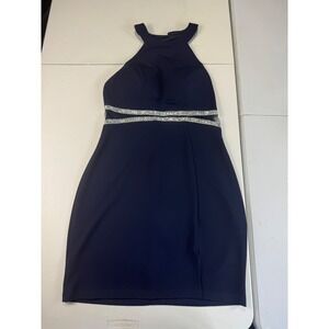 Sequin Hearts Navy Blue Halter Mini Dress Party Cocktail Bodycon Glitter‎ S